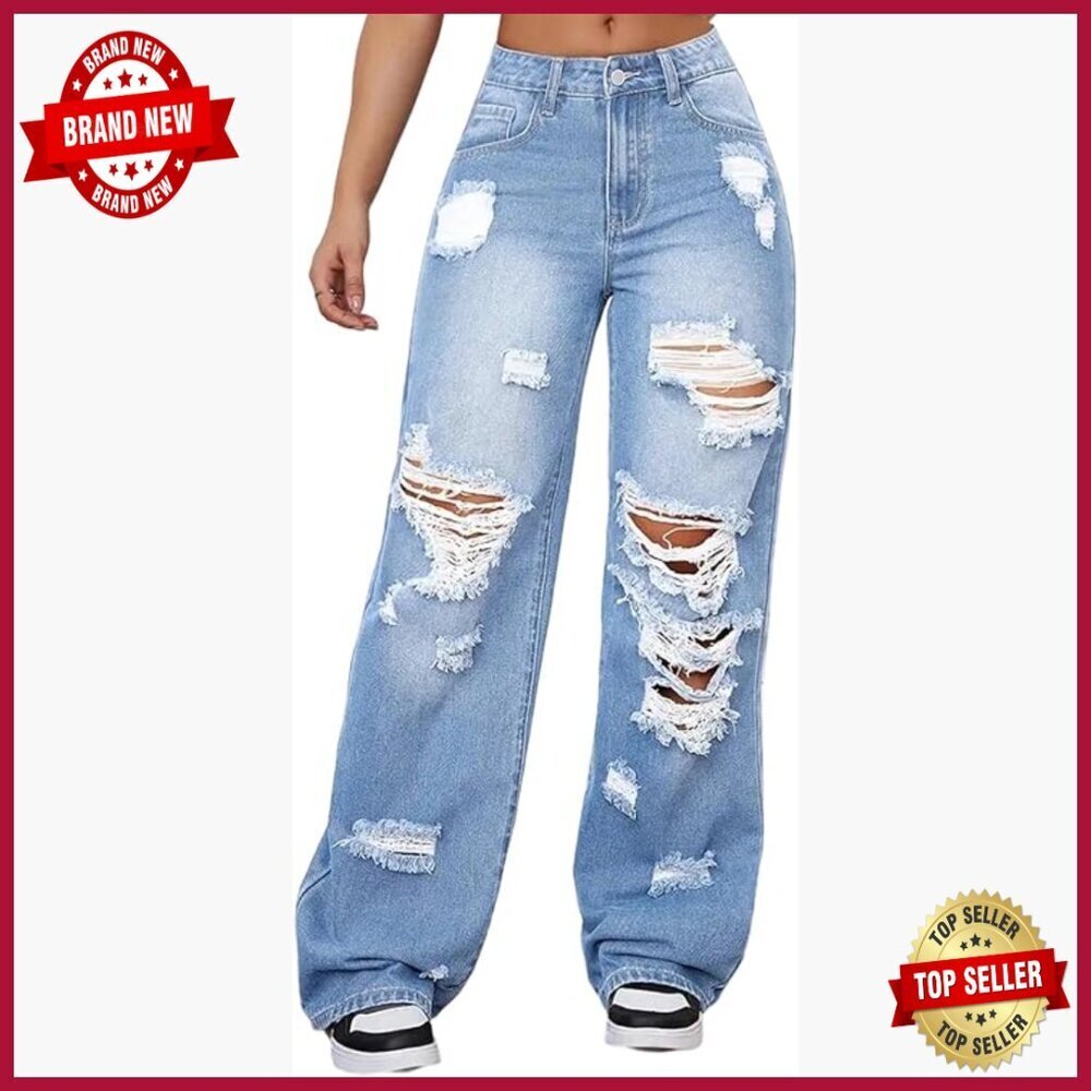 High Waisted Straight Leg Distressed Ripped Jeans Baggy Casual Denim
